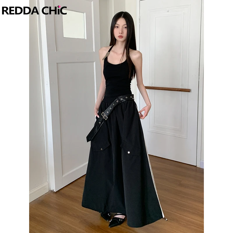 

ReddaChic Halter Top Belted Parachute Cargo Skirt Women 2-piece Set Casual Solid Black Camisole Maxi Long Balloon Skirt Workwear