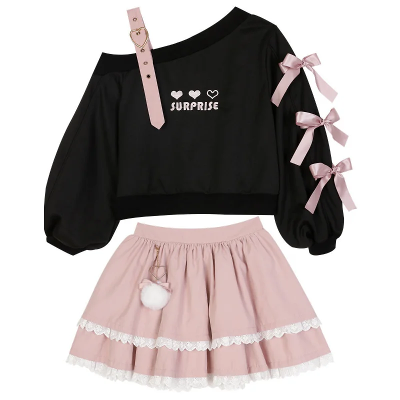Spring Chic Gothic Skirt Sets Japan Girls Sweet Lolita Cute Heart Black Off Shoulder Hoodies Mini Skirts Suit Women 2 Piece Set
Spring Chic Gothic Skirt Sets Japan Girls Sweet Lolita Cute Heart Black Off Shoulder Hoodies Mini Skirts Suit Women 2 Piece Set