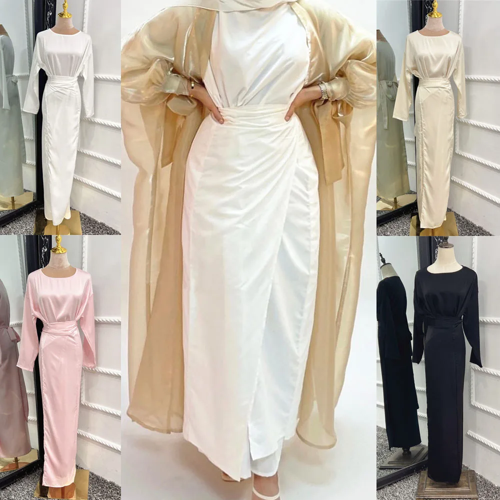 

Модная мусульманская имитация двух предметов для женщин балахон длинное платье Турецкий Дубай сатин твердый кафтан халат полная длинная абайя
