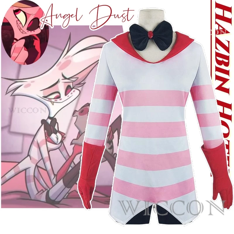 

Angel Dust Cosplay Fantasy Anime Cartoon Hotel Disguise Costume Gloves Bow Tie Pink Dress Outfit Women Halloween Roleplay Cloth