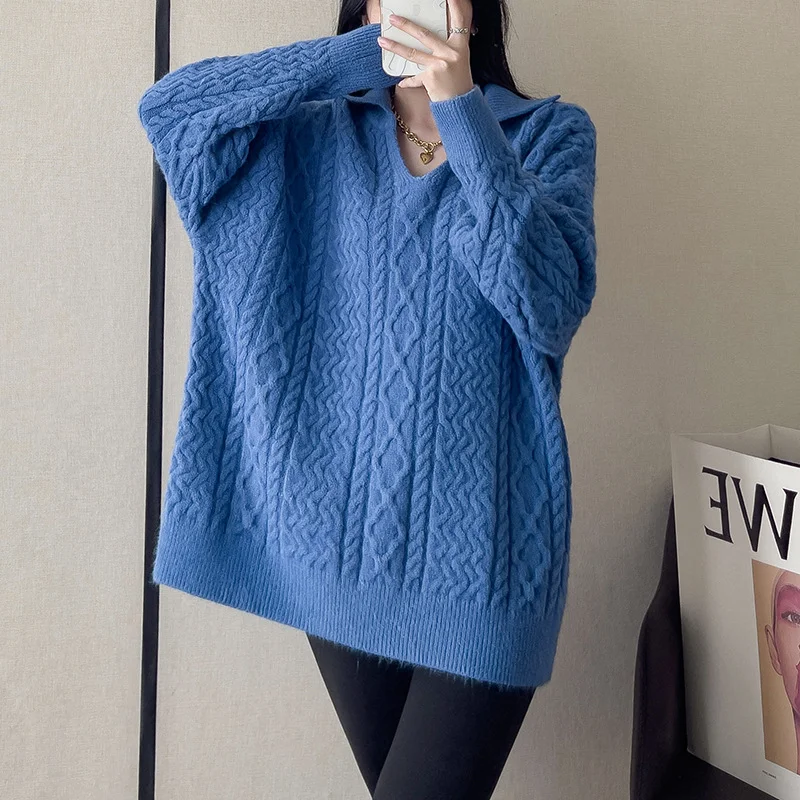Winter Lapel Twist Sweaters V-neck Blue Women Thickened Mid-length Jumpers Lazy Loose Tops Base Pullover Solid Clothing Korean
Winter Lapel Twist Sweaters V-neck Blue Women Thickened Mid-length Jumpers Lazy Loose Tops Base Pullover Solid Clothing Korean