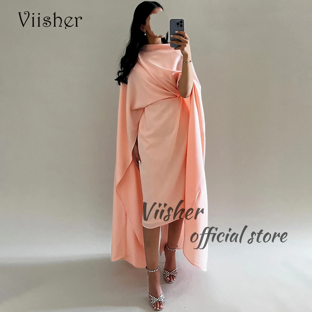 

Viisher Arabian Dubai Mermaid Evening Dresses with Cape Spandex Satin Elegant Prom Dress for Women Tea Length Formal Gown