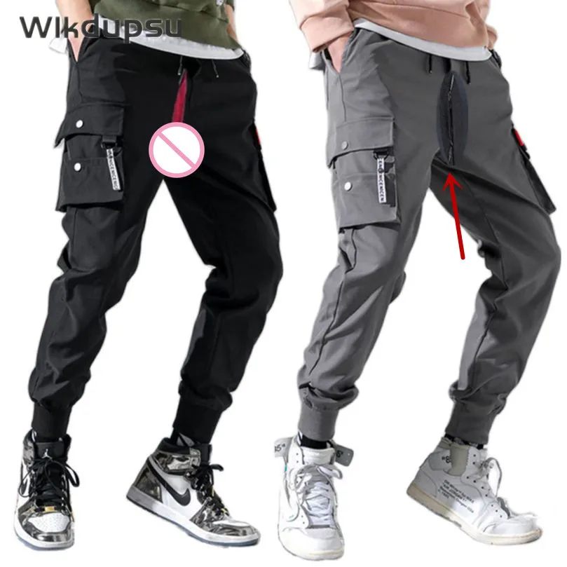 

Sexy Invisible Double Zippers Open Crotch Pants Jogger Men Tactical Sportswear Harem Pants Jogging Cargo Trousers Plus Size y2k