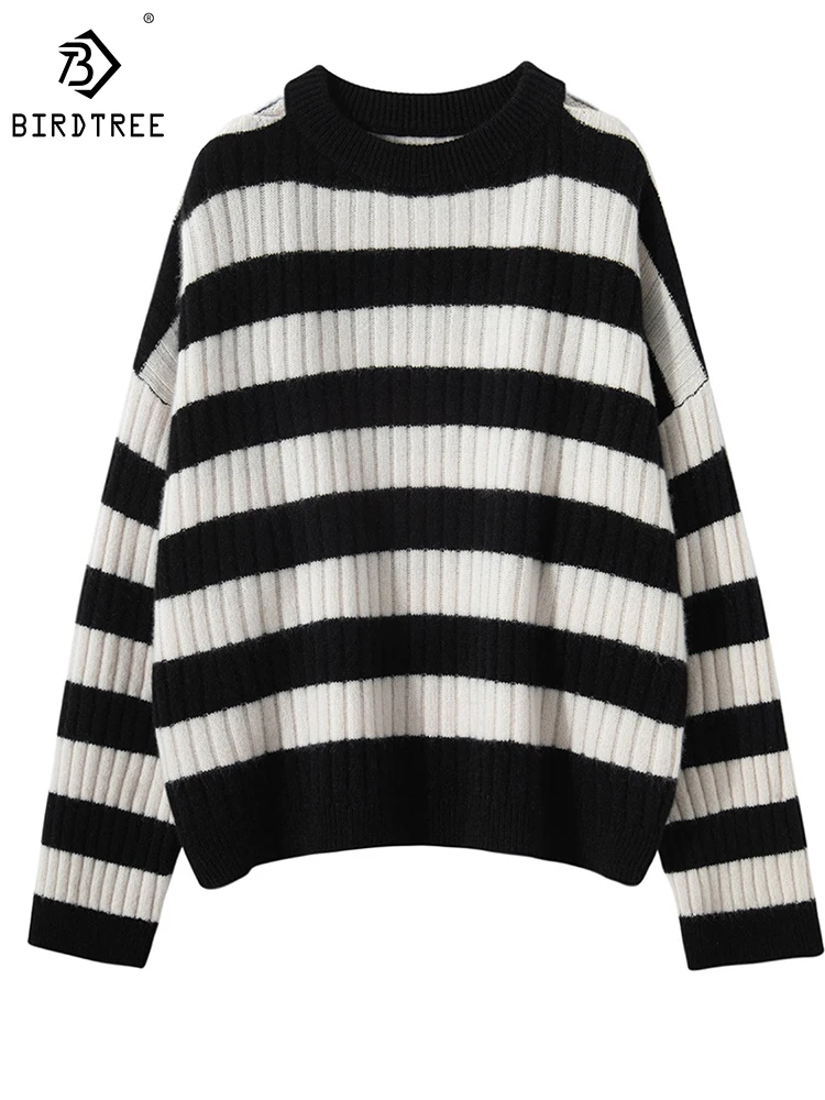Birdtree 100% Cashmere Pullover Sweater Striped Woman Spring/Autumn New Korean Casual Languid Style Loose Crewneck Knit T39270QD
Birdtree 100% Cashmere Pullover Sweater Striped Woman Spring/Autumn New Korean Casual Languid Style Loose Crewneck Knit T39270QD