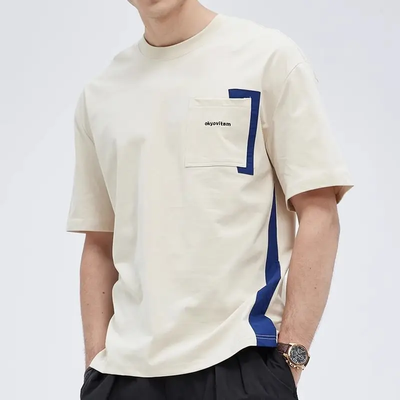 

Summer Slim Casual Round Neck Short Sleeved T-shirt Men's Panelled Patchwork Pocket Embroidery Trendy Casual Versatile Loose Top