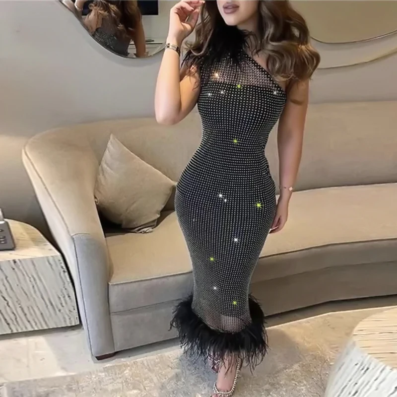 

Factory Wholesale Women's Black AB Colored Diamond Feather Tight Sexy Boutique Celebrity Cocktail Party Bandage Long Dress