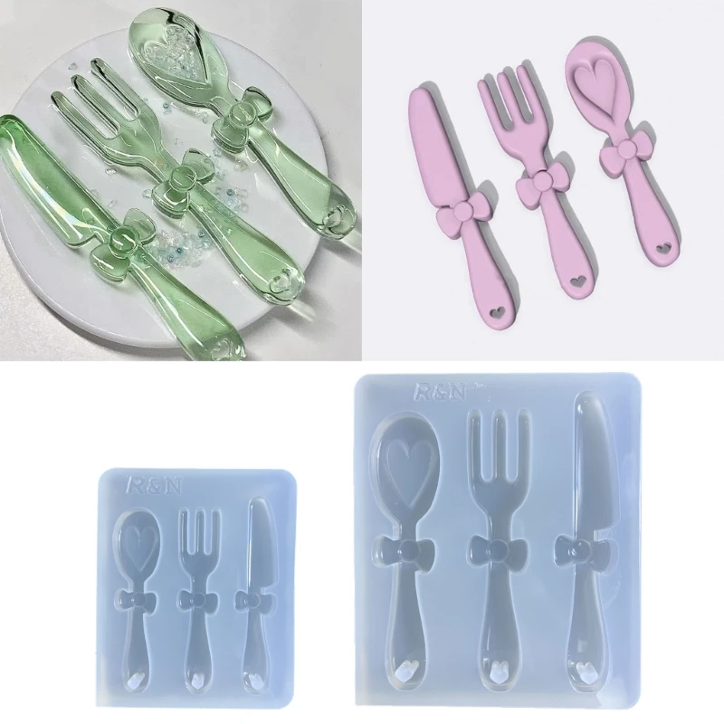 

DIY Bowknot Love Handle Knife Fork Spoon Parts Silicone Epoxy Mold DIY Keychain Pendant Crafting Mould for Valentines