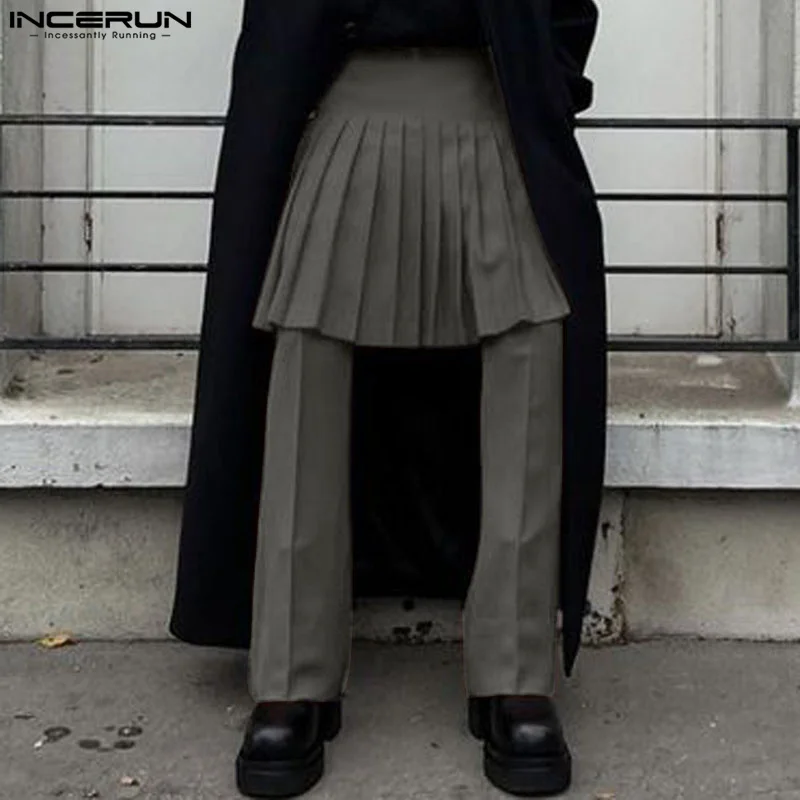 

INCERUN 2023 стильные новые мужские брюки, плиссированные фальшивые однотонные юбки из двух частей, длинные брюки для отдыха, мужские фальшивые брюки