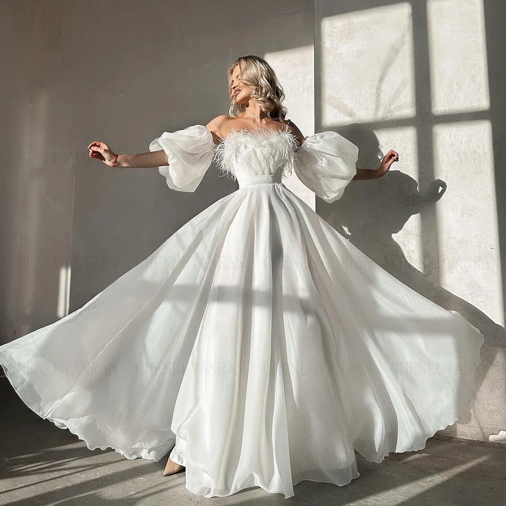 

Ivory Organza Wedding Dresses For Women Puff Sleeves Long Wendding Gown Feather A-line Dresses For Wome 2023 فستان حفلات الزفاف