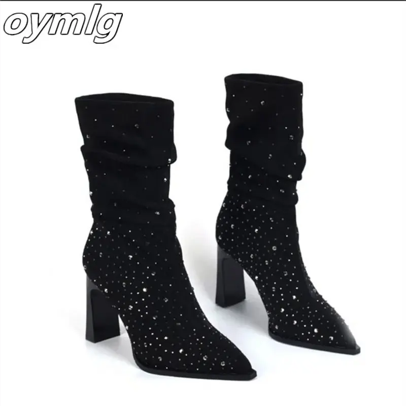 

2022 winter new pointed toe stiletto high heels frosted rhinestone pleated fashion catwalk plus size long women's boots