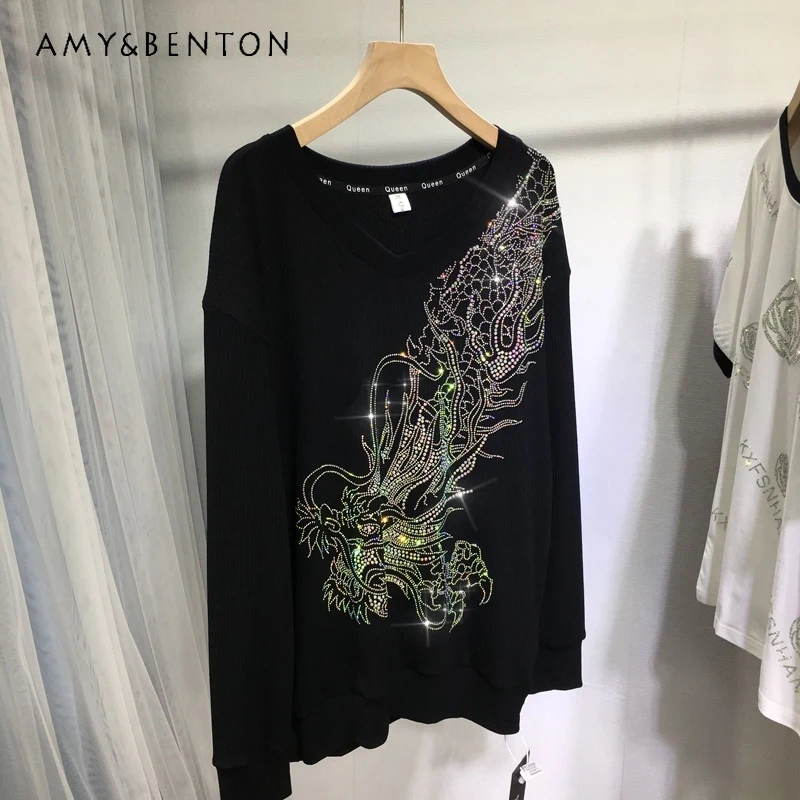 

Heavy Industry Rhinestone Sweatshirts Spring Summer Thin Cartoon Front And Rear O-Neck Long Sleeved Top Slimming Black T-shirt