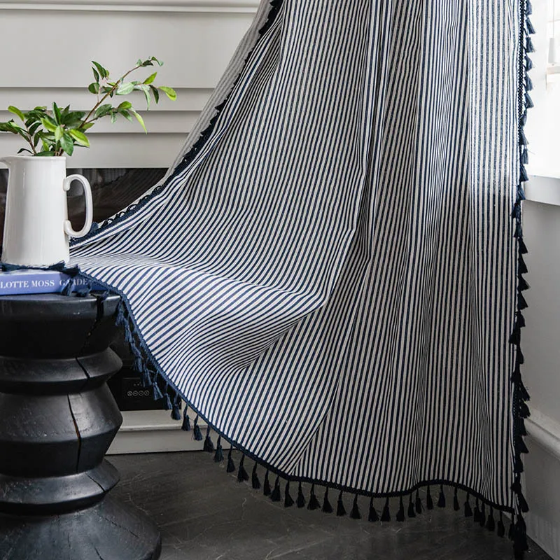 

Boho Style Navy Blue Stripes Curtain Blackout Thick Window Drapes Bedroom Living Room Kitchen Curtain Easy Drape for Living Room