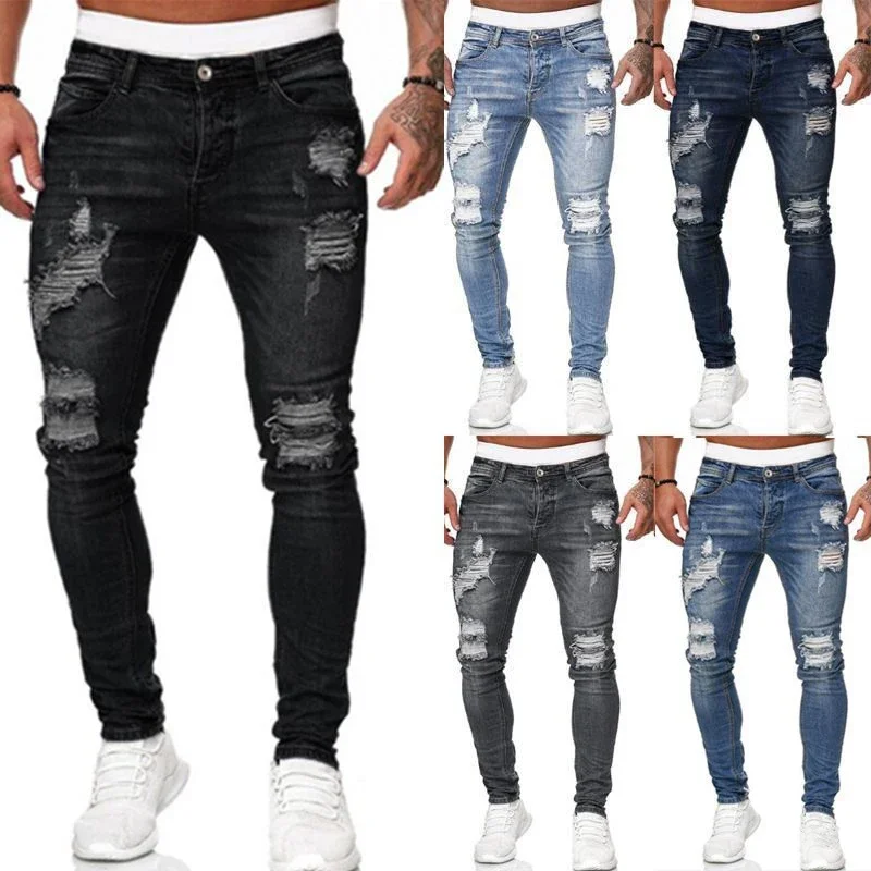 

New Men's Pants With Broken Holes Slim Fit Denim Pants Fashion Destroyed Hip Hop Style Male Trousers Clothing Man Casual Pants