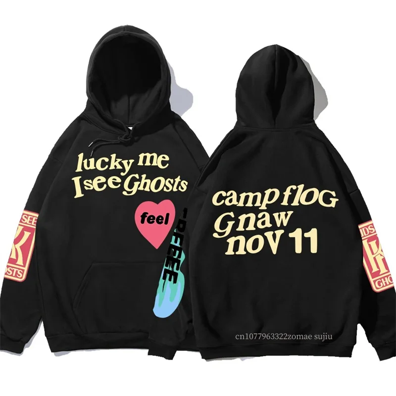

Толстовка Kanye мужская с капюшоном, свободная флисовая кофта с надписью граффити, худи унисекс с надписью Luck Me I See Ghost, пуловер с капюшоном