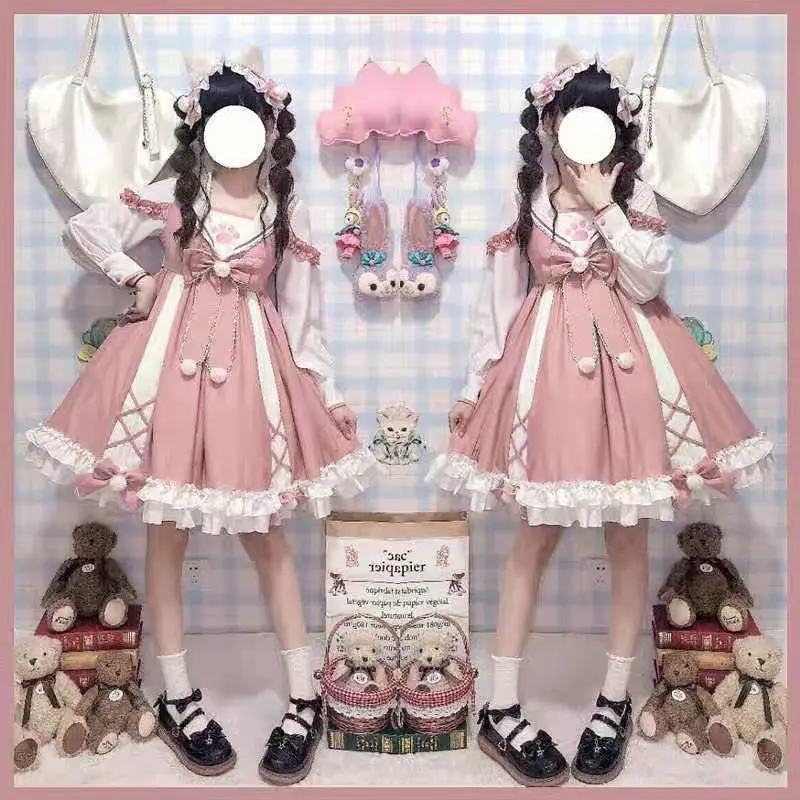 

M-4XL Sweet Girly Pink Bow Lolita Dress Loose Long Sleeve Sweet Kawaii Tea Party Princess Cos Lolita OP Dress Fairy Kei