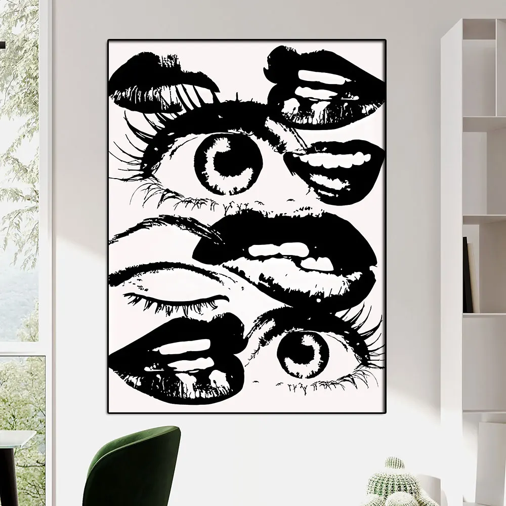 

Black And White Art 80s Print Aesthetic Poster Canvas Painting Funky Wall Art Eyes Lips Picture for Interior Room Cuadros Decor