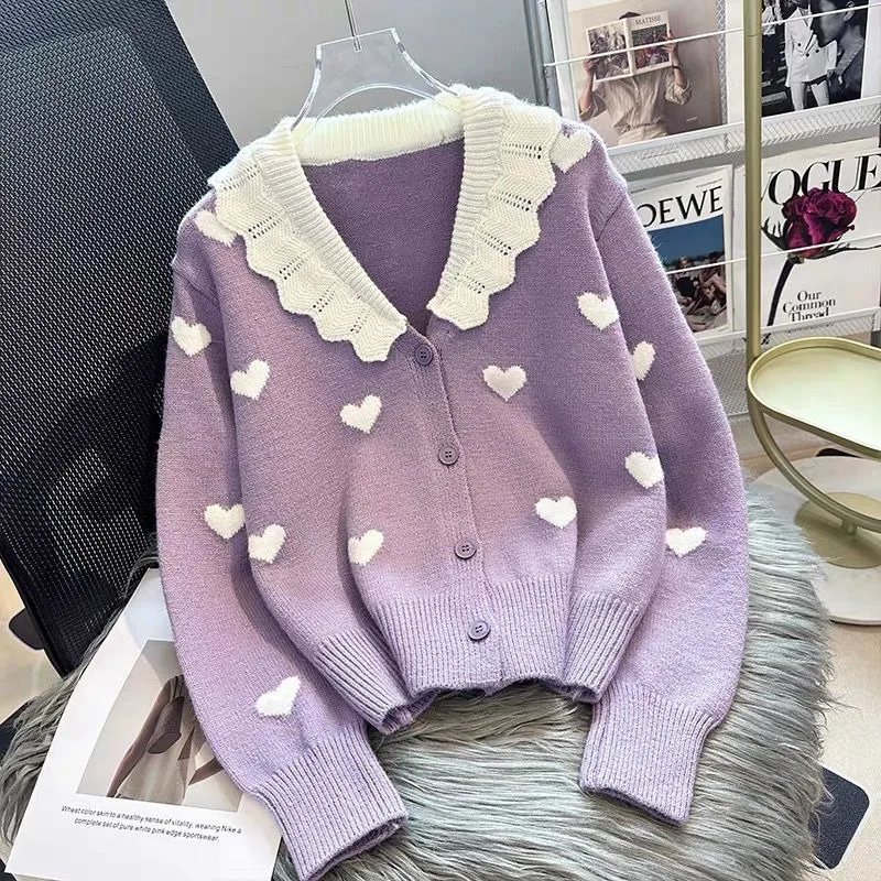 

DAYIFUN-Knitted Cardigans for Women Peter Pan Collar Long Sleeve Tops Korean Sweet Coats Single Breasted Jumpers New 2023 Fall