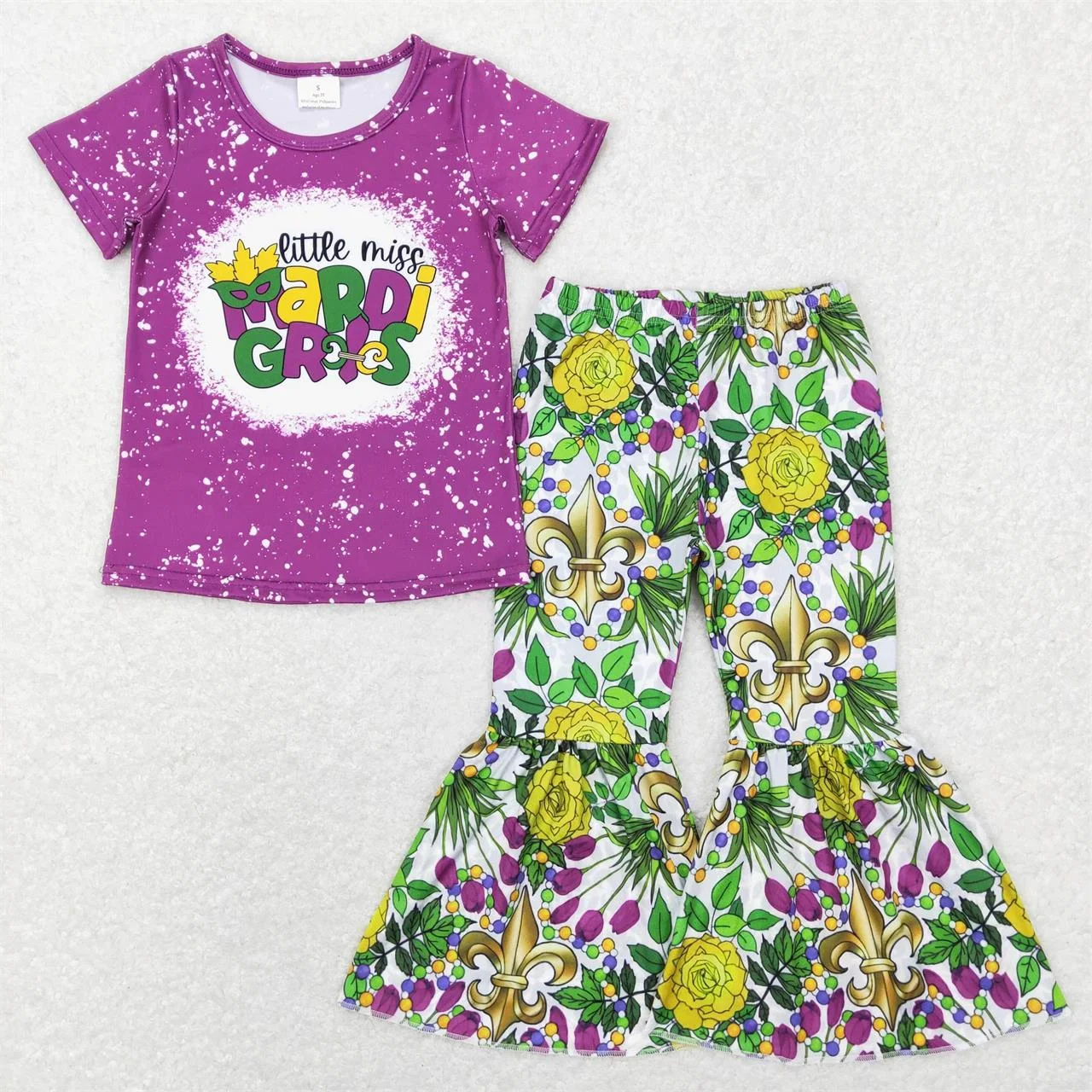 

Wholesale Kids Mardi Gras Flower Set Baby Girl Purple Short Sleeves T-shirts Toddler Children Floral Bell Bottom Pants Outfit