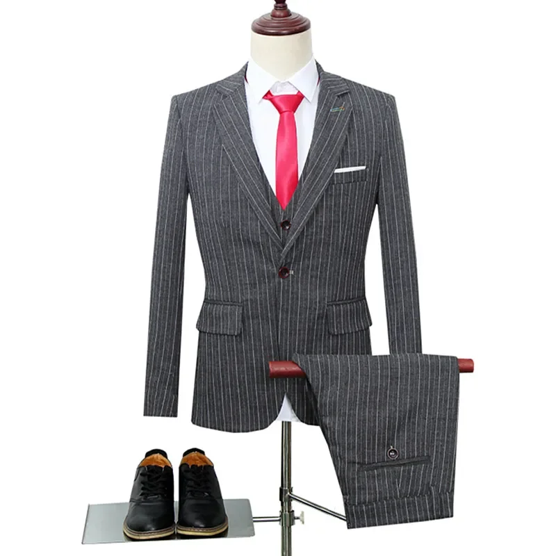 

Men's Banquet Wedding Plus Size Three Piece Suit Blazer Vest Pants Set / Male British Style Vertical Stripe Jacket Coat Trousers