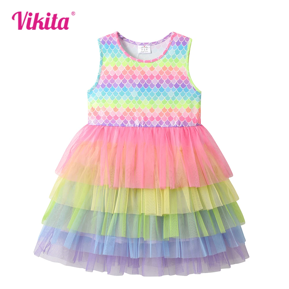 

VIKITA Girls Tutu Vestidos Children Summer Sleeveless Clothes Kids Mermaid Print Mesh Layered Tulle Princess Elegant Dresses