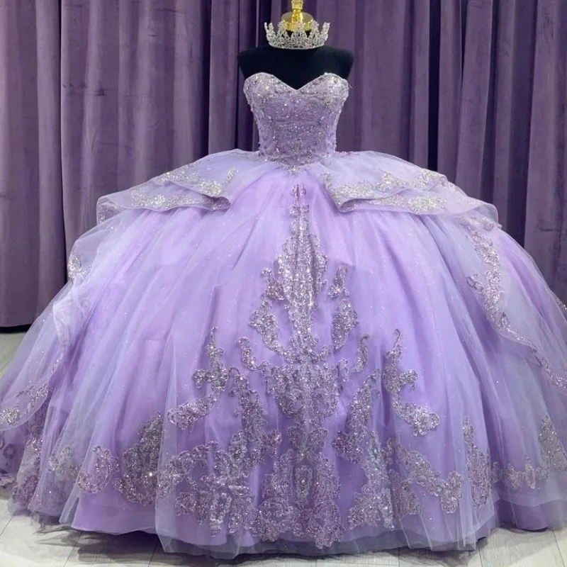 

Lavender Off the Shoulder Sweet 16 Dresses For Prom Party Applique Lace Beads Tull Ball Gown Quinceanera Dress Vestido 15 Robes