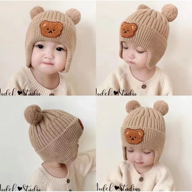 Chapeau de protection d'oreille d'ours mignon en laine pour bébé, épaissi, chaud, version coréenne, cadeau pour enfants, hiver 1