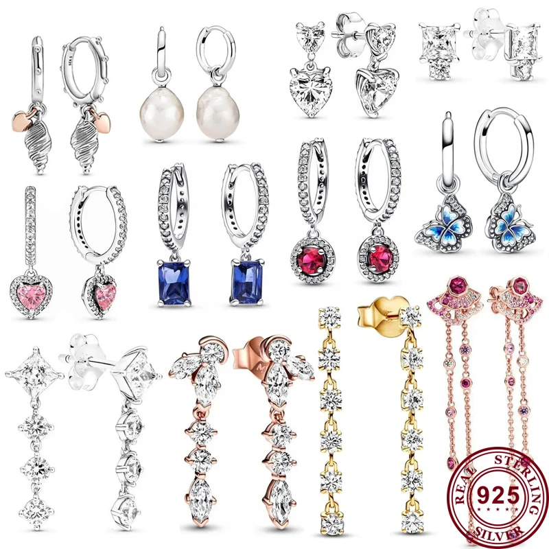 

925 Silver New Hot Selling Sparkling Pearl Love Heart Original Women's Peach Blossom Logo Earrings Wedding DIY Charming Jewelry