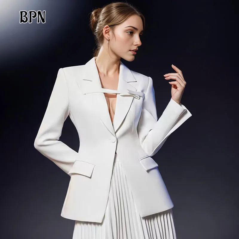 

BPN Temperament Blazer For Women Notched Collar Long Sleeve Solid Slimming Patchwork Single Button Elegant Blazer Female Fashion