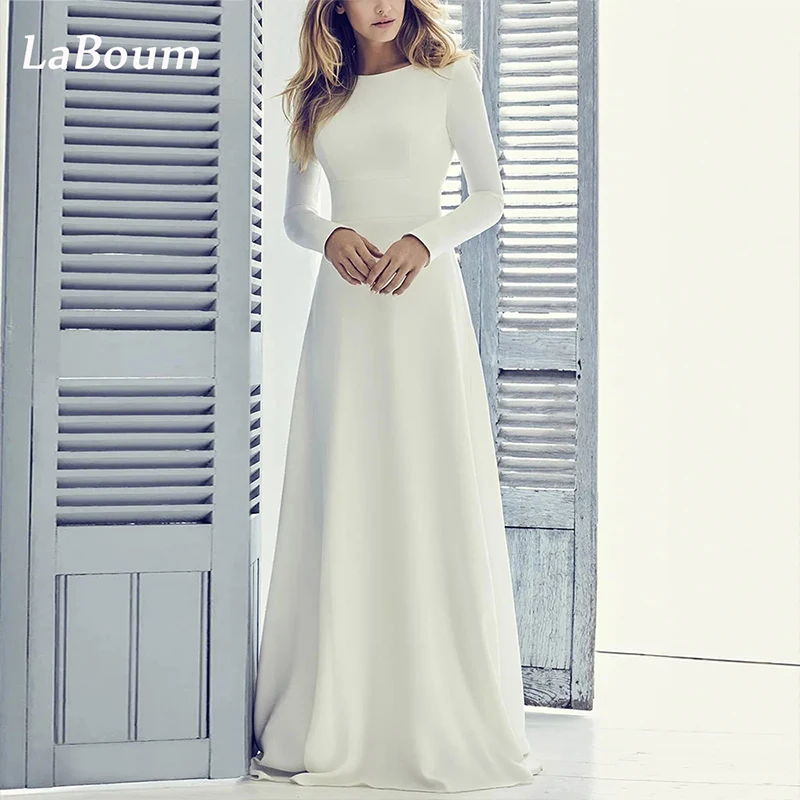 

LaBoum Women's A-line Long Modest Wedding Dress 2023 for Women Long Sleeves Jewel Covered Back Short Train Vestidos de Novia