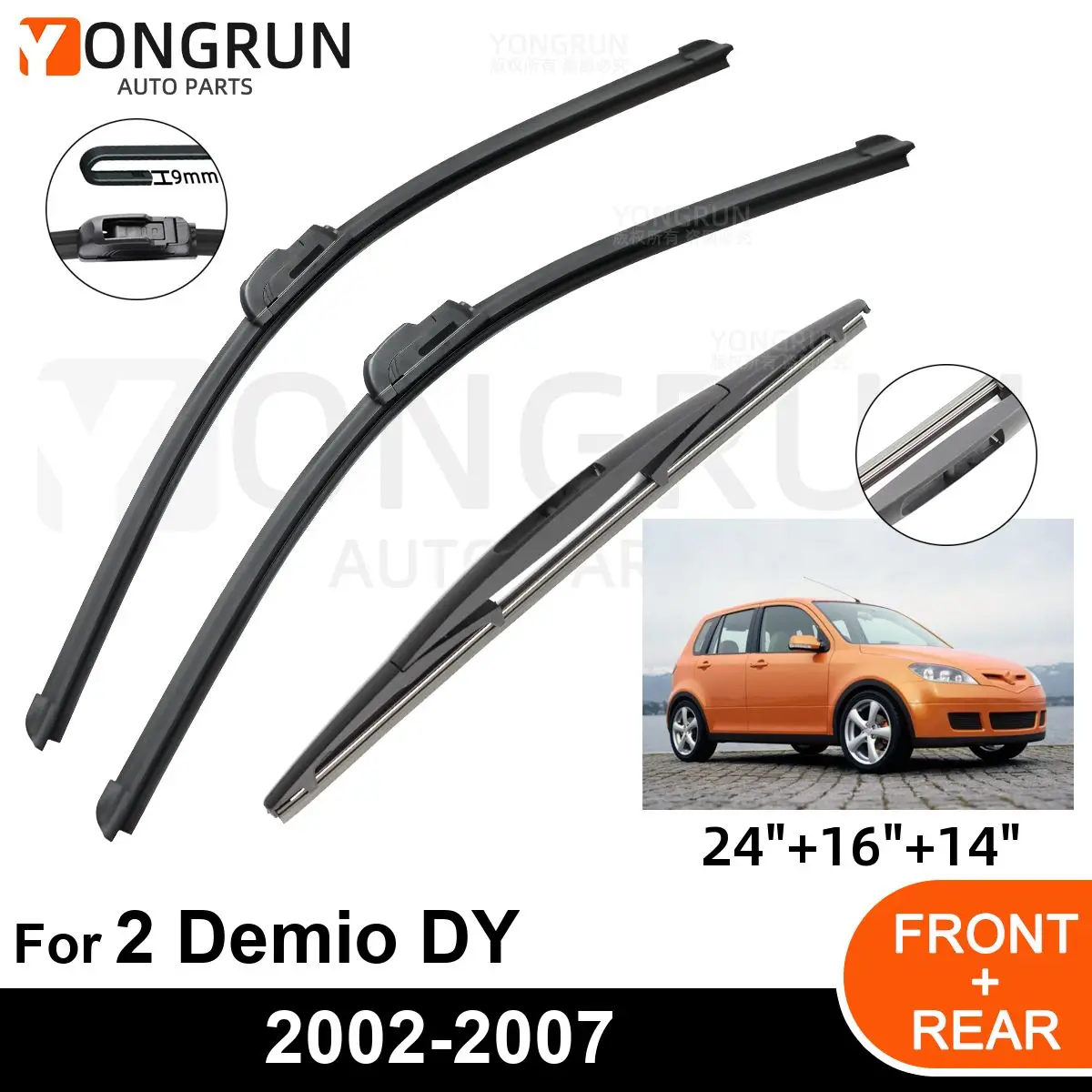 

3PCS Car Wiper for Mazda 2 Demio DY 2002-2007 Front Rear Windshield Windscreen Wiper Blade Rubber Accessories