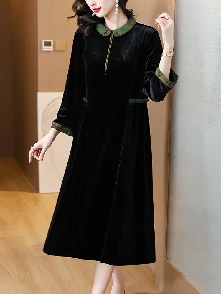 

Female Korean Vintage Hepburn Luxury Long Dress Autumn Winter Black Velvet Chic Ruffled Dress 2024 Elegant Bodycon Evening Dress