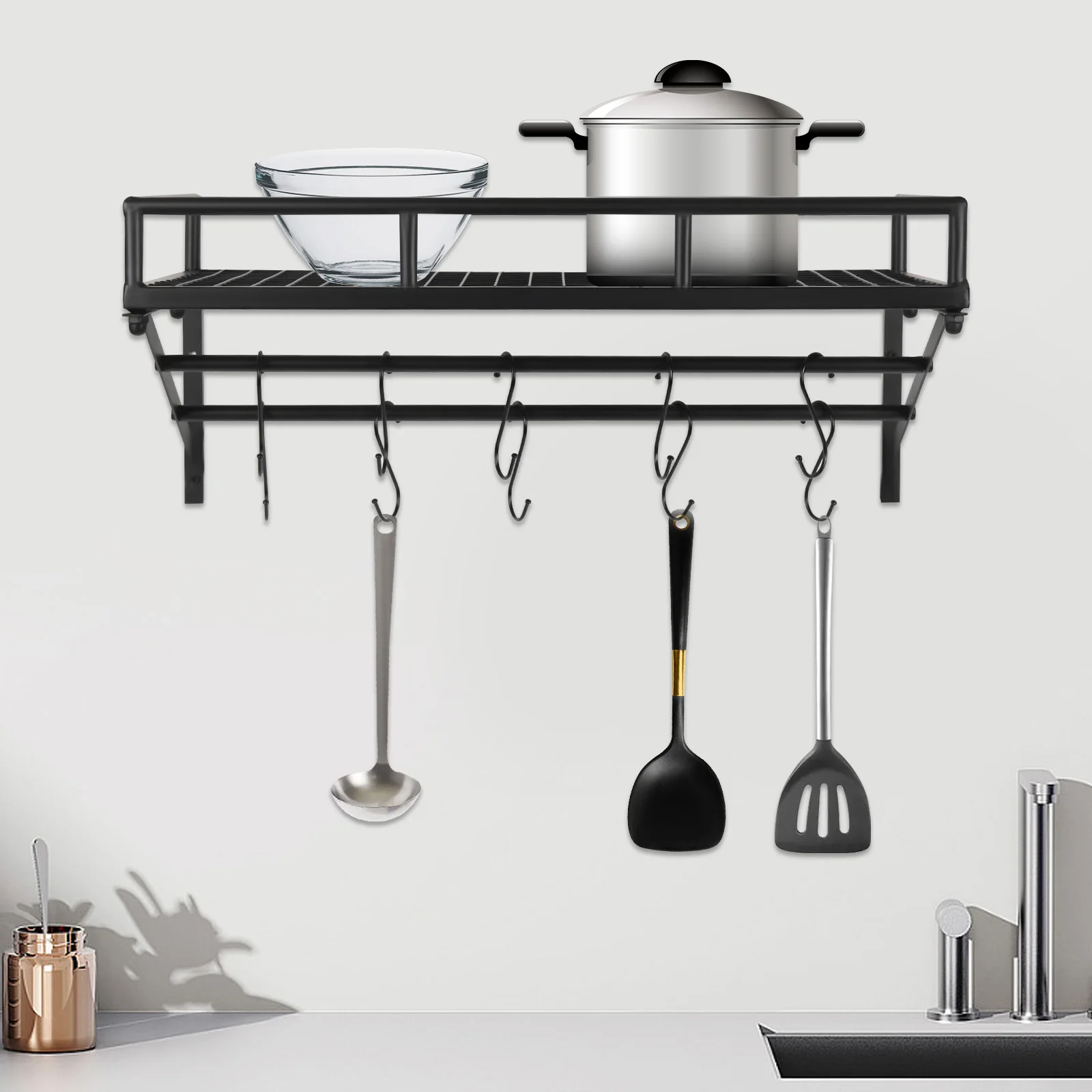 Kitchen Wall Mounted Storage Shelf With 2 Hanging Rails for Cookware Pan Pot Organizer Rack 10 Hooks
Kitchen Wall Mounted Storage Shelf With 2 Hanging Rails for Cookware Pan Pot Organizer Rack 10 Hooks