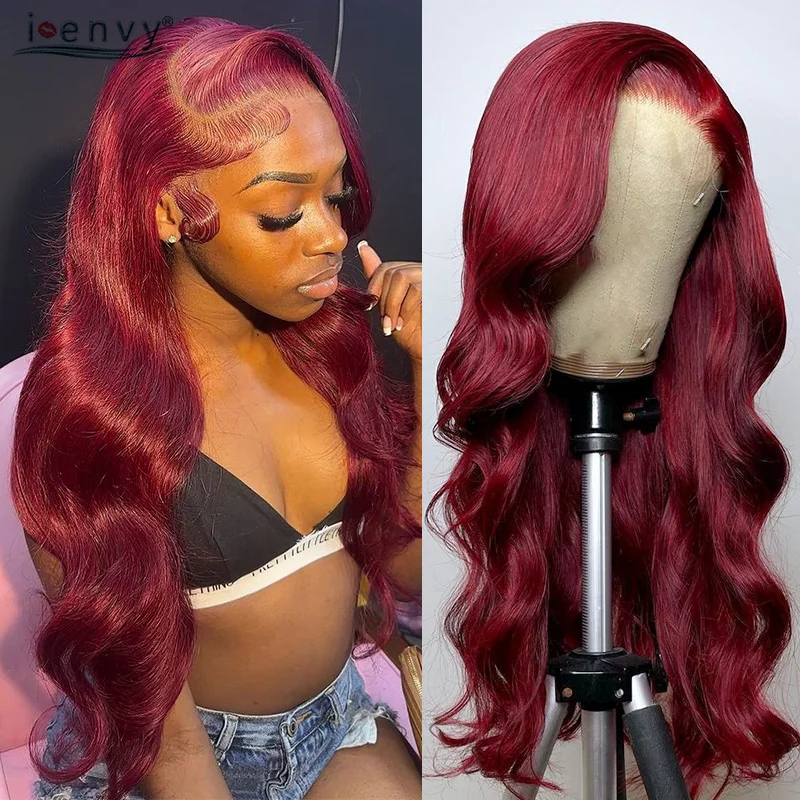 

99J Burgundy 13X6 Lace Front Wigs Body Wave Red Colored Human Hair Wigs Red 13X4 Hd Transparent Lace Frontal Wig 30 34 Inch Remy