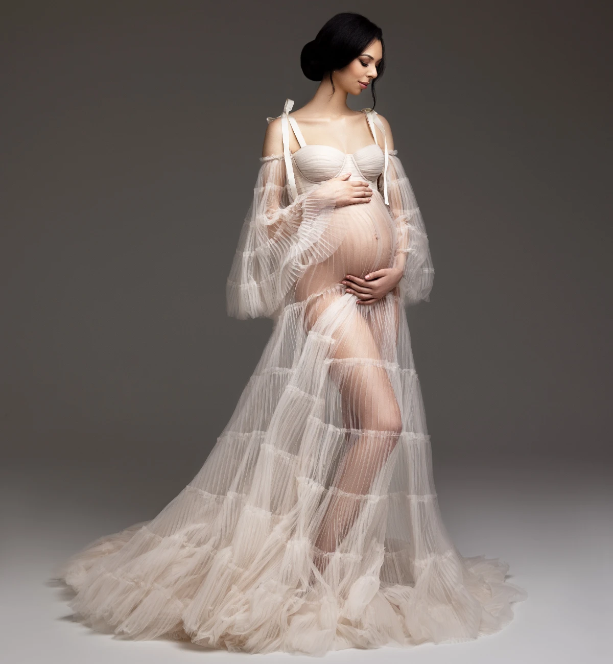 

Sexy See Thru Ivory Maternity Robes for Photo Shoot A Line Long Sleeves Pregnant Women Dresses Front Split Baby Shower Gowns