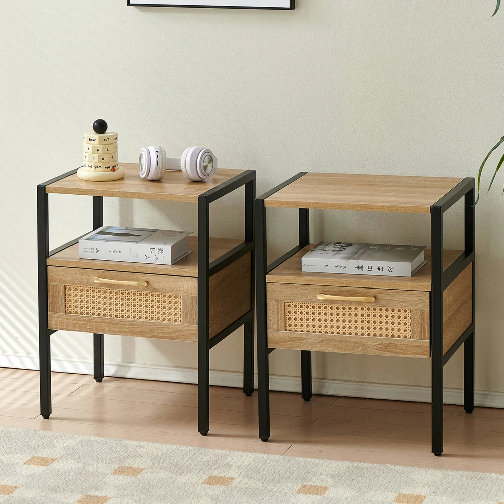 

15.75" Rattan End Table Set Of 2 Modern Nightstand With Drawer Metal Legs Side Table For Living Room Bedroom