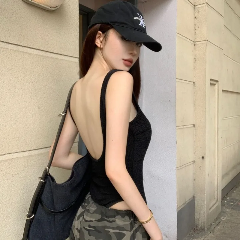 

American Style Fashionable Retro Spicy Girl Jumpsuit with Camisole, Women's Summer Backless Black Tank Top Female Clothing