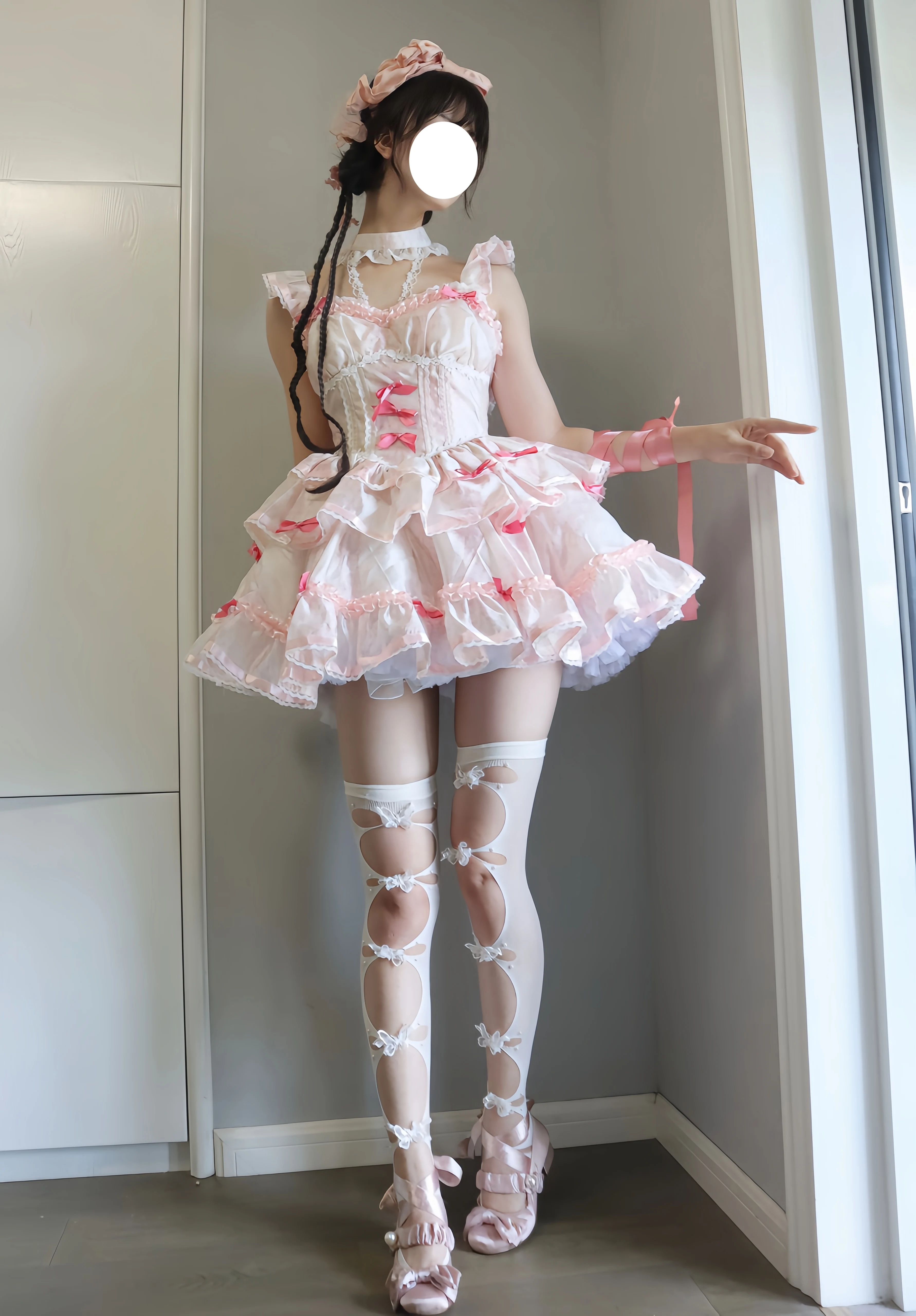 

New Original Harajuku Pink Bow Sling Dress Hot Girl Fashion Temperament Lolita Sweet Kawaii Lace Splicing Dress