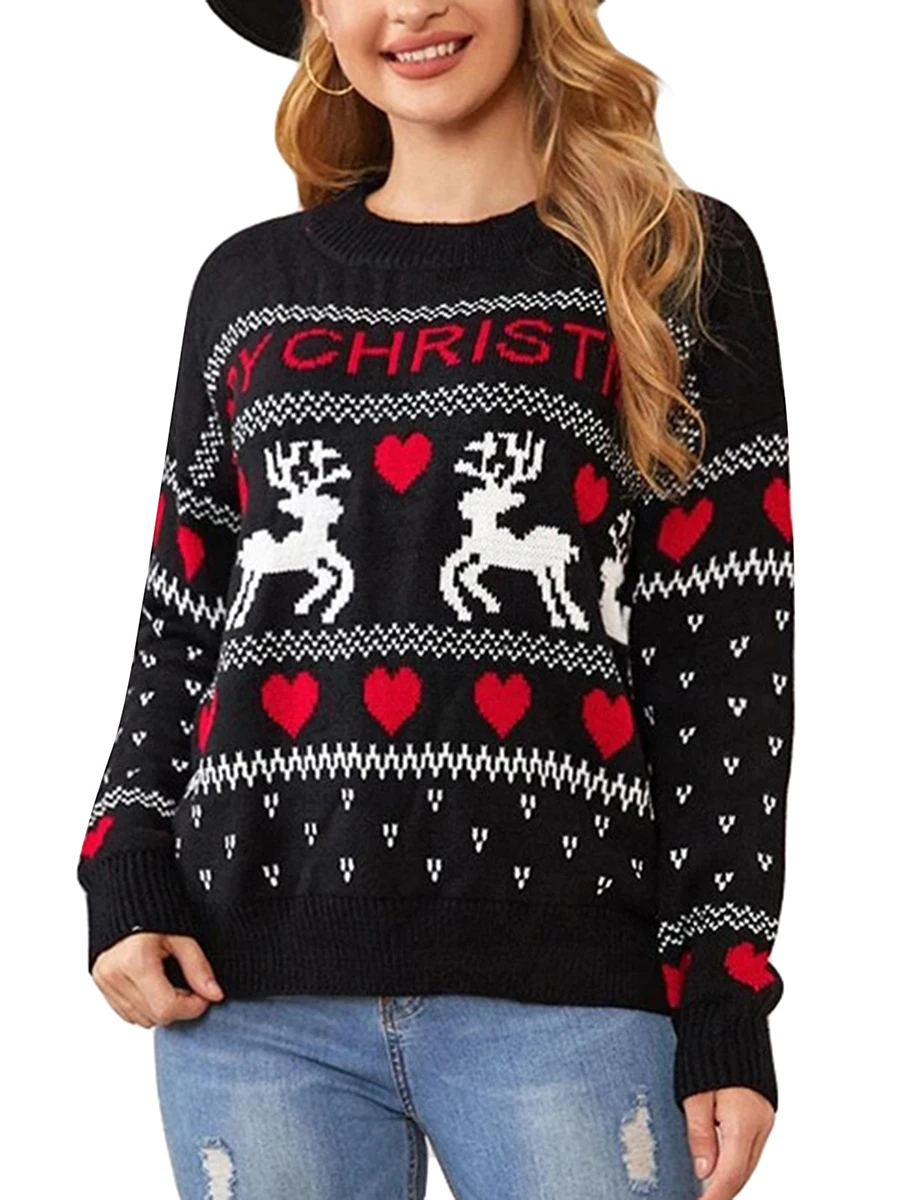 

Women s Festive Reindeer Christmas Sweater with Snowflake Patterns - Cozy Long Sleeve Crew Neck Jumper featuring Letter