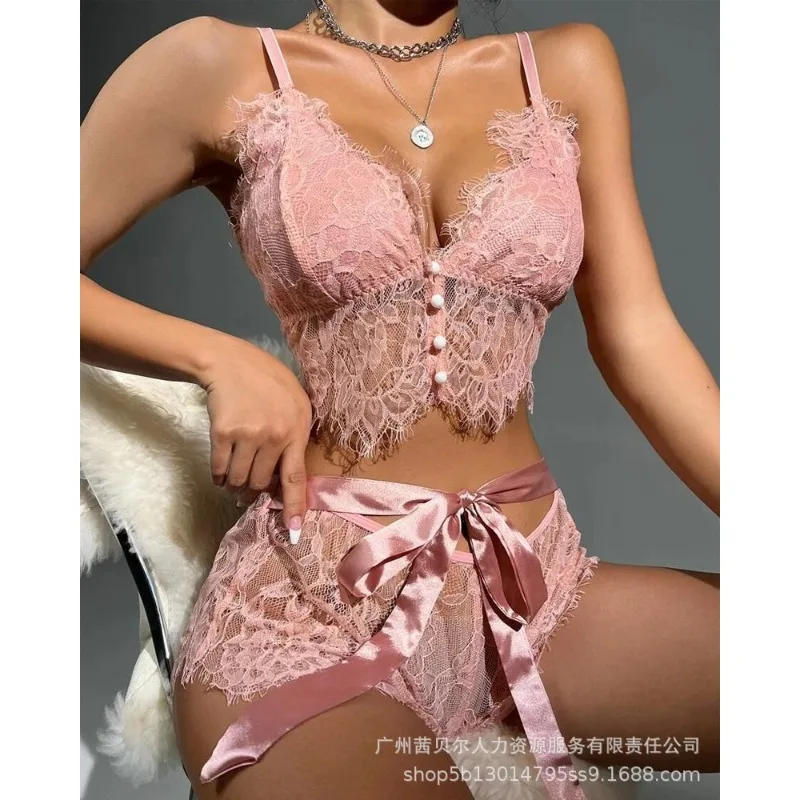 

Crochet Eyelash Lace Tied Lingerie Set Women Sexy Erotic See Through Bra Brief 2 Piece Set Underwear Sleepwear Cosplay Costumes