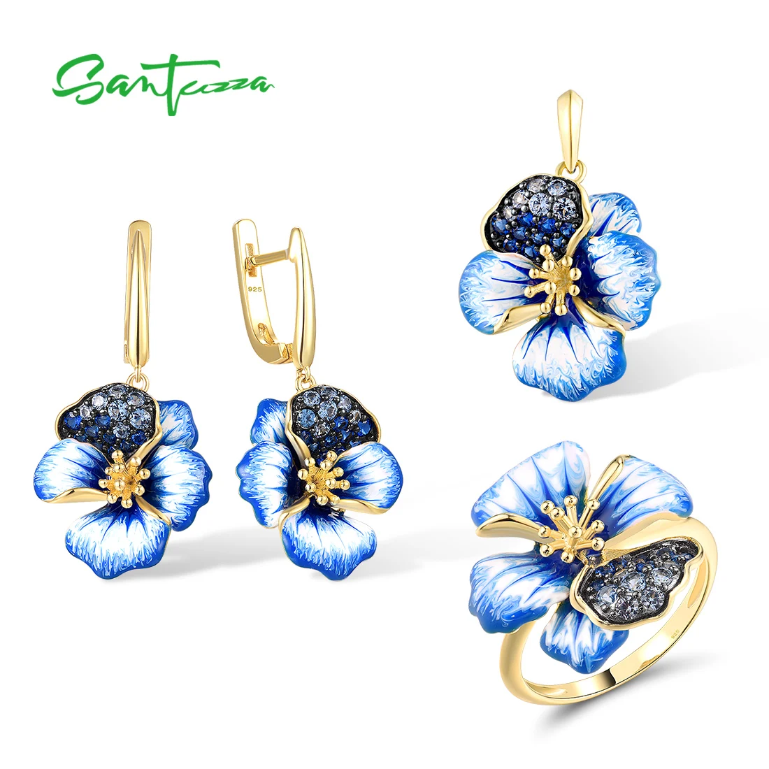 

SANTUZZA Real 925 Sterling Silver Jewelry Set For Women Blue Spinel Flower Pendant Earrings Ring Enamel Delicate Fine Jewelry