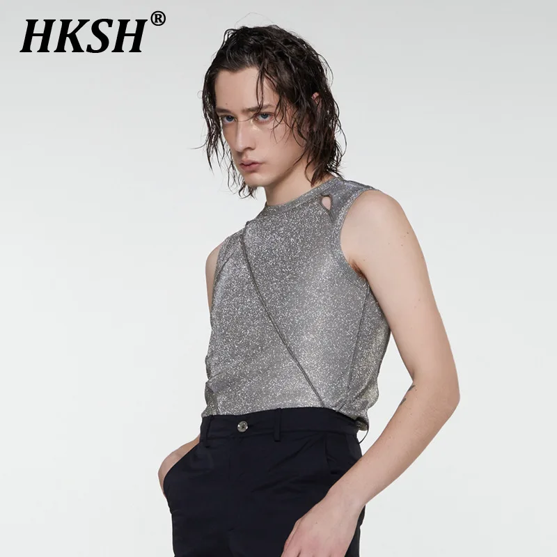

HKSH Summer New Hollow Out Patchwork Sleeveless T-shirt Shiny Vest Men's Chic Tide Fashion Tank Top Garde-Avant Waistcoat HK1308