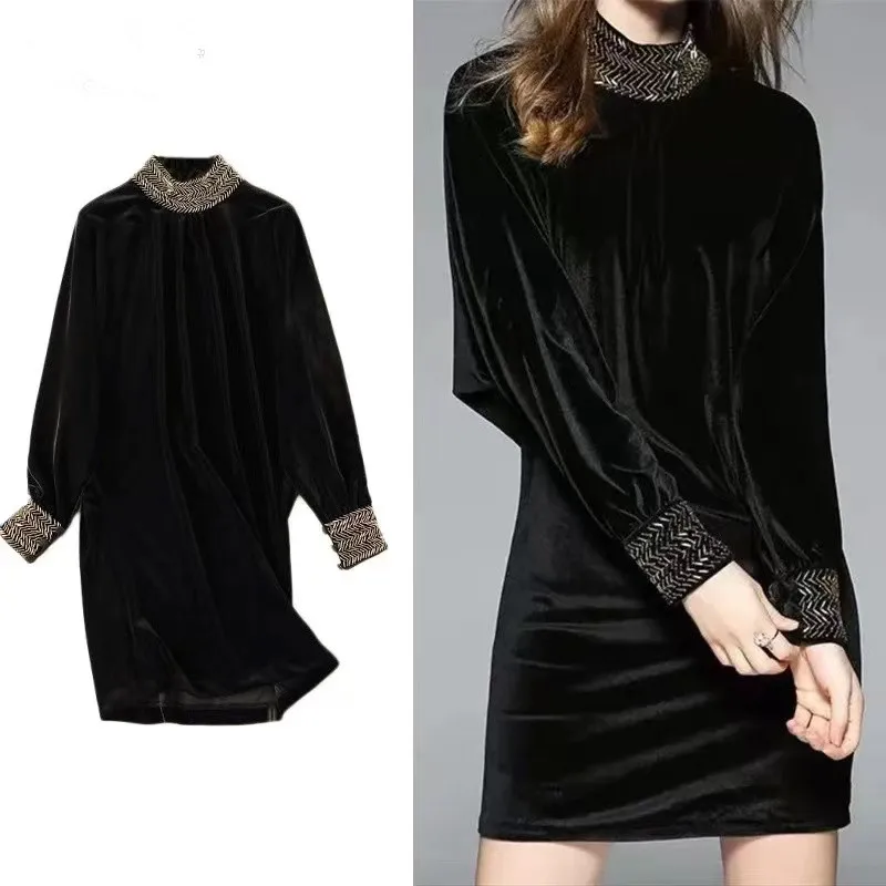 French Fashion Autumn Winter Velvet Black Luxury High Quality Women Beading Stand Collar Lantern Sleeve Velour Party Dress
French Fashion Autumn Winter Velvet Black Luxury High Quality Women Beading Stand Collar Lantern Sleeve Velour Party Dress