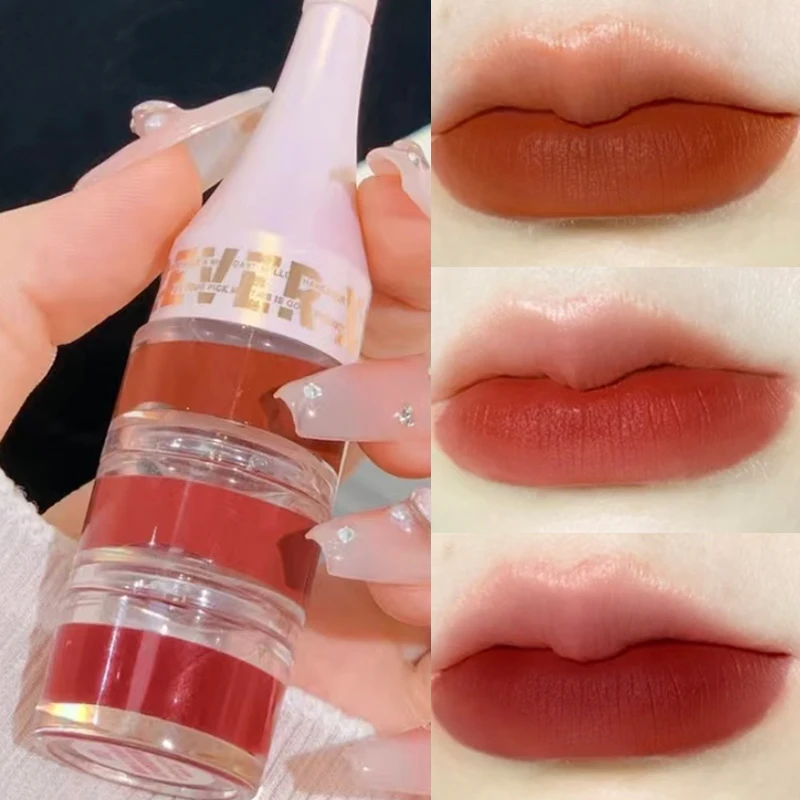 

3 in 1 Lipstick with Lips Brush Long Lasting Non-stick Cup Mousse Velvet Lip Mud Waterproof Combo Lip Gloss Kit Makeup Cosmetics