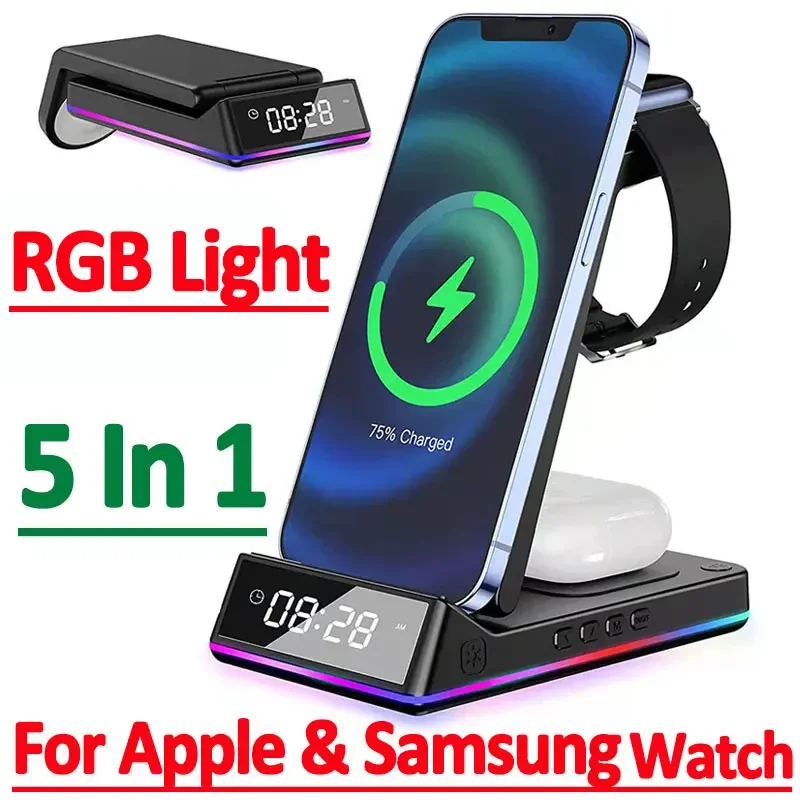 

5 In 1 30W Foldable Wireless Charger Stand RGB Dock LED Clock Fast Charging Station for iPhone Samsung Galaxy Watch 5/4 S22 S21