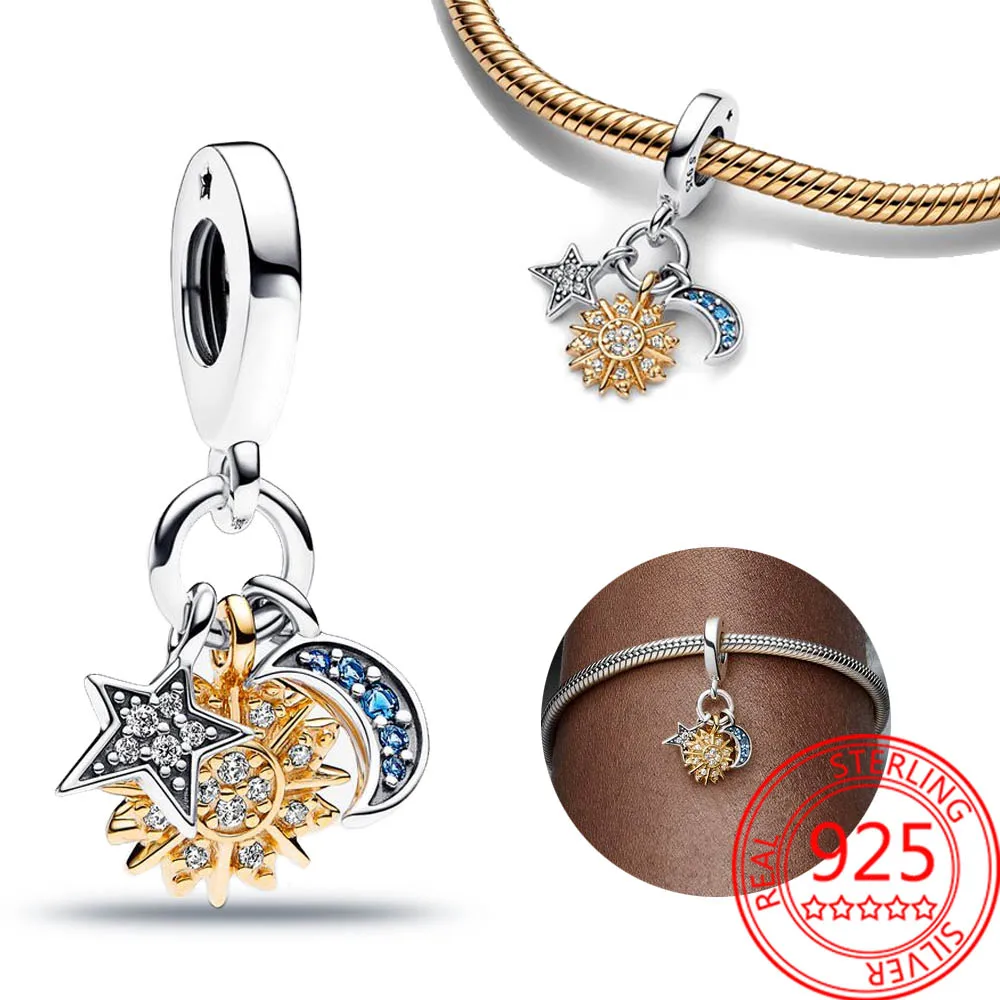 

Actual 925 Sterling Silver Two tone Celestial Triple Dangle Charm Fit Pandora Bracelets Women's Valentine's Day Gift
