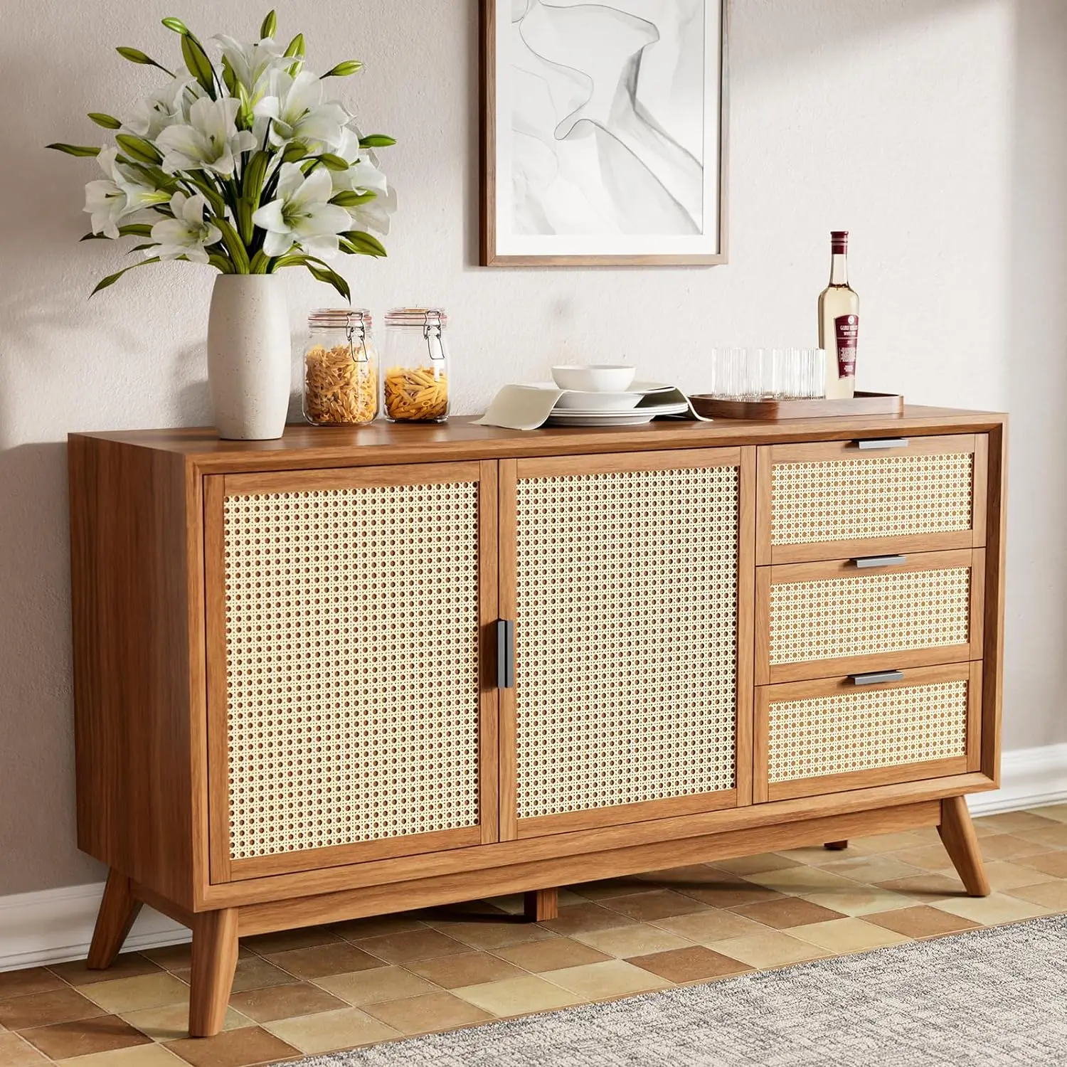 

Bme Rattan Pre-Assembled Buffet Sideboard with 3 Drawers & 2 Doors, 58" Accent Console Table Living Room, Kitchen,