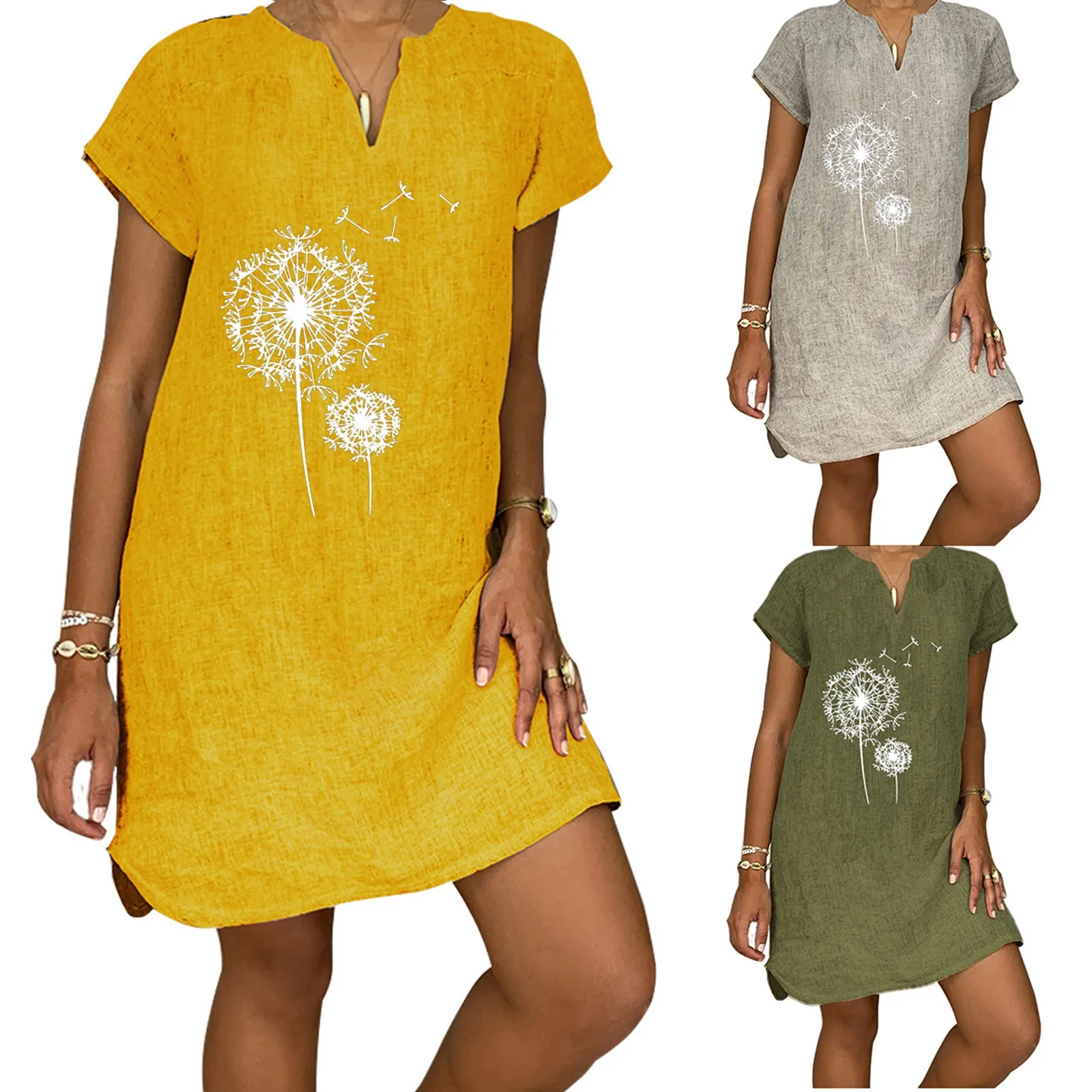 

Women's 2024 Elegant Dress Causal Fashion Loose Dandelion Print Short Sleeve V Neck H Line Dresses Mini Summer Sundresses