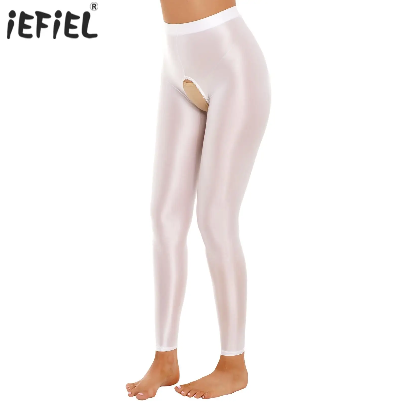 

Sexy Womens Crothless Skinny Pants Lingerie Hot Costume Glossy Stretchy Solid Color Elastic Waistband Open Crotch Leggings