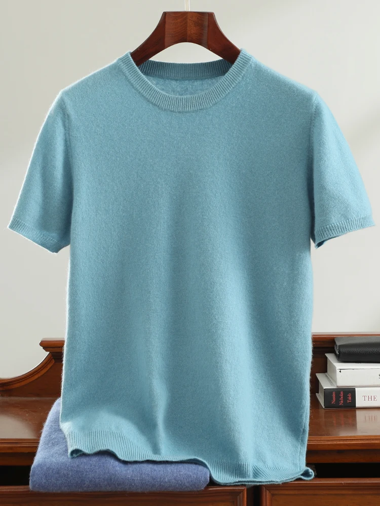 

ADDONEE High Quality Men's O-neck Cashmere T-shirt Spring Summer Short Sleeve Basic Pullover Sweater 100% Cashmere Knitwear Tops