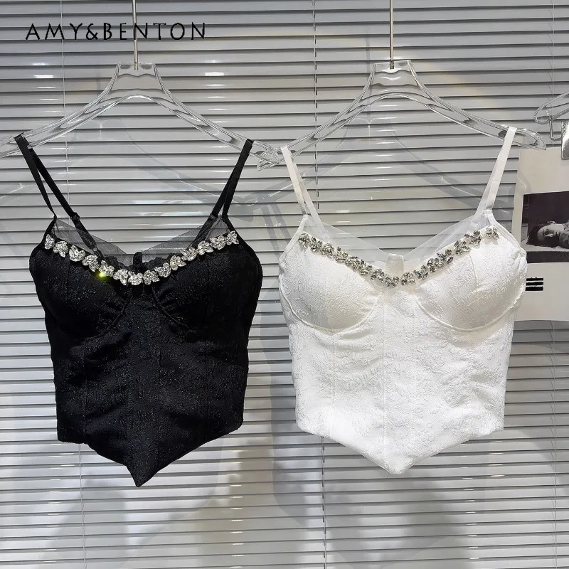 

2024 Summer New Classic Rhinestone Mesh Lace Pattern Fabric Solid Color Chest Pad Slings Y2k Crop Top Tank Black White Camisoles